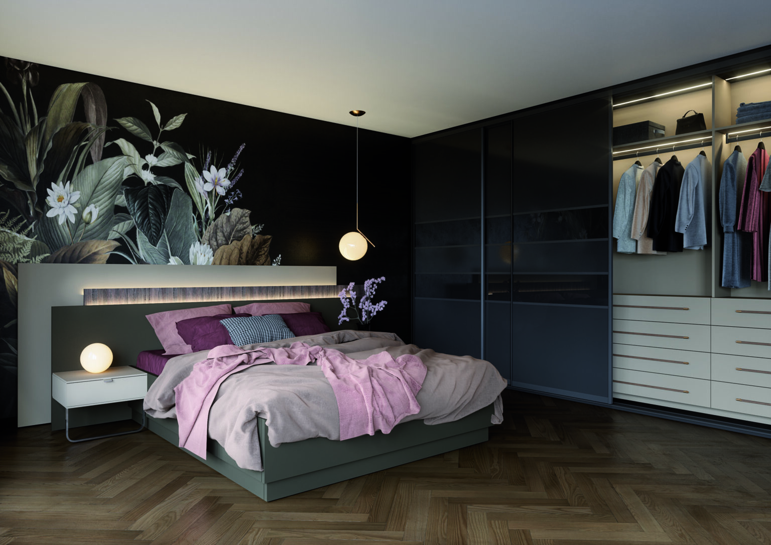 Bespoke dark-toned wardrobe with integrated lighting and sleek design by Komandor Scotland - Sliding and Hinged Wardrobes options