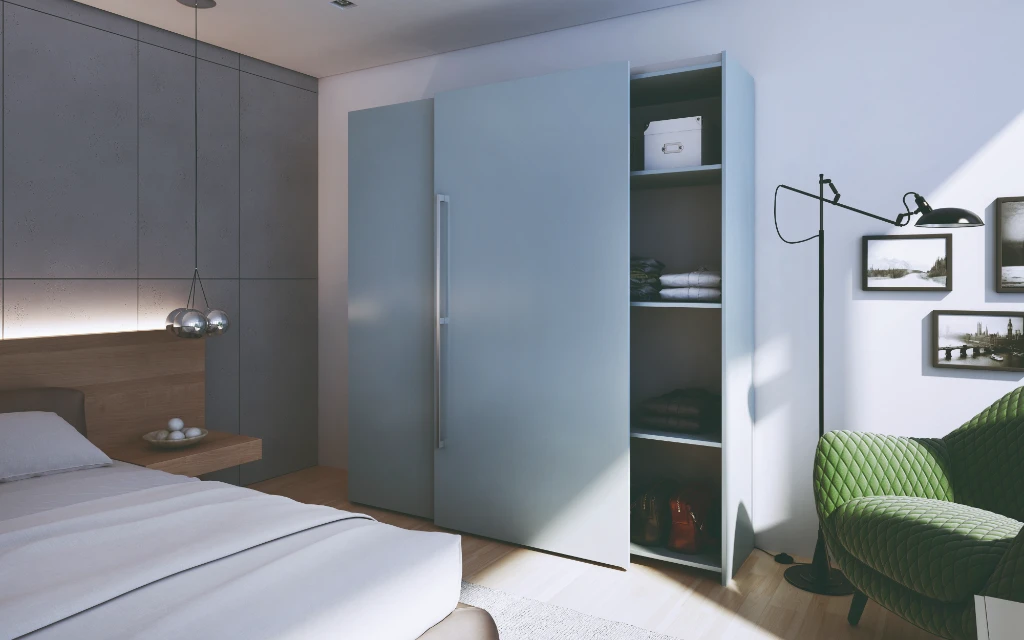 Wardrobe layout ideas for small bedrooms featuring a compact blue fitted wardrobe with hinged doors and built-in shelving