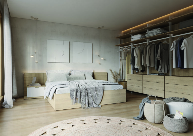 Bespoke master bedroom wardrobe designed by Komandor Scotland, showcasing tailored storage solutions and elegant finishes.