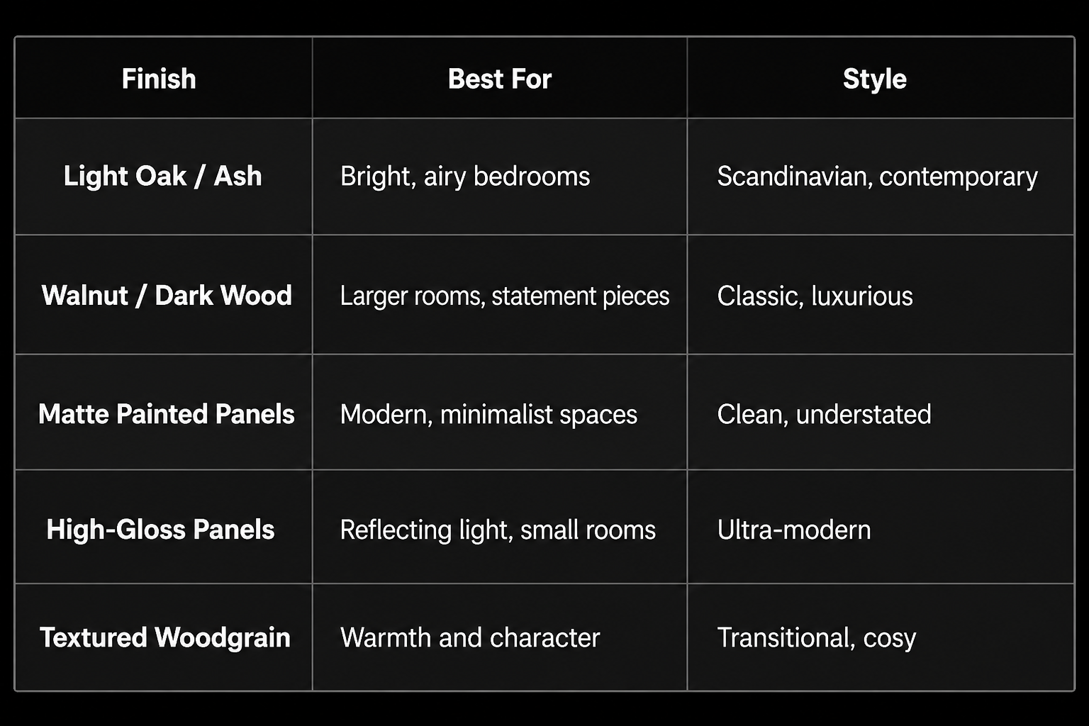 Built In Wardrobe Door Styles: Ideas, Finishes and Options 1 Popular wardrobe finishes include