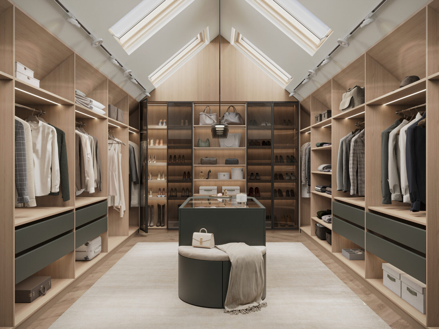 Attic walk in wardrobe with skylights by Komandor Scotland, designed for a calmer, more organised bedroom.