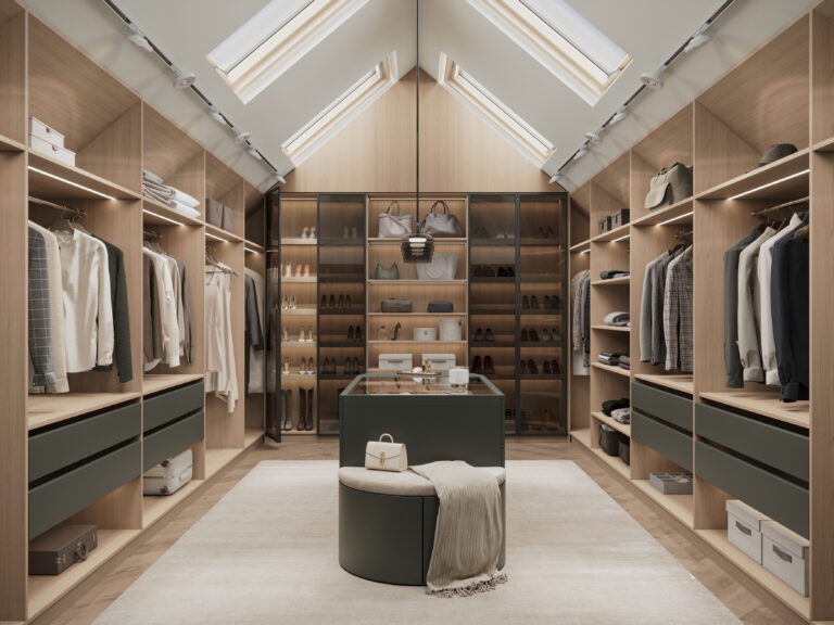 Attic walk in wardrobe with skylights by Komandor Scotland, designed for a calmer, more organised bedroom.