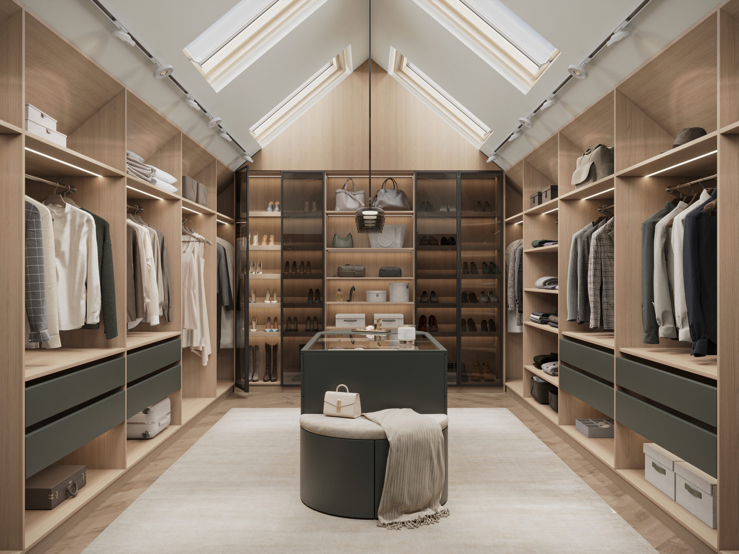 Attic walk in wardrobe with skylights by Komandor Scotland, designed for a calmer, more organised bedroom.