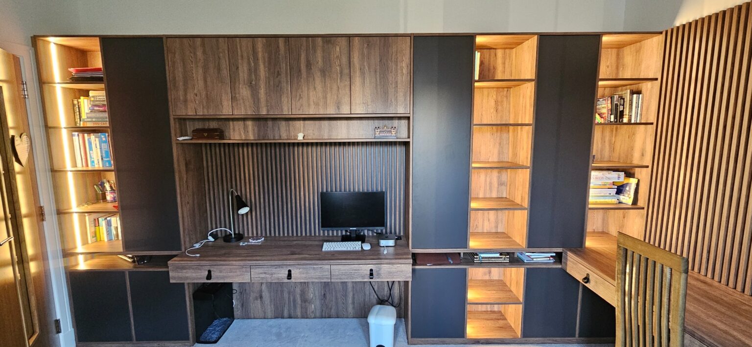 Bespoke Home Office in Grandhome, Aberdeen 14 Open shelving with warm LED display lighting for books and display pieces