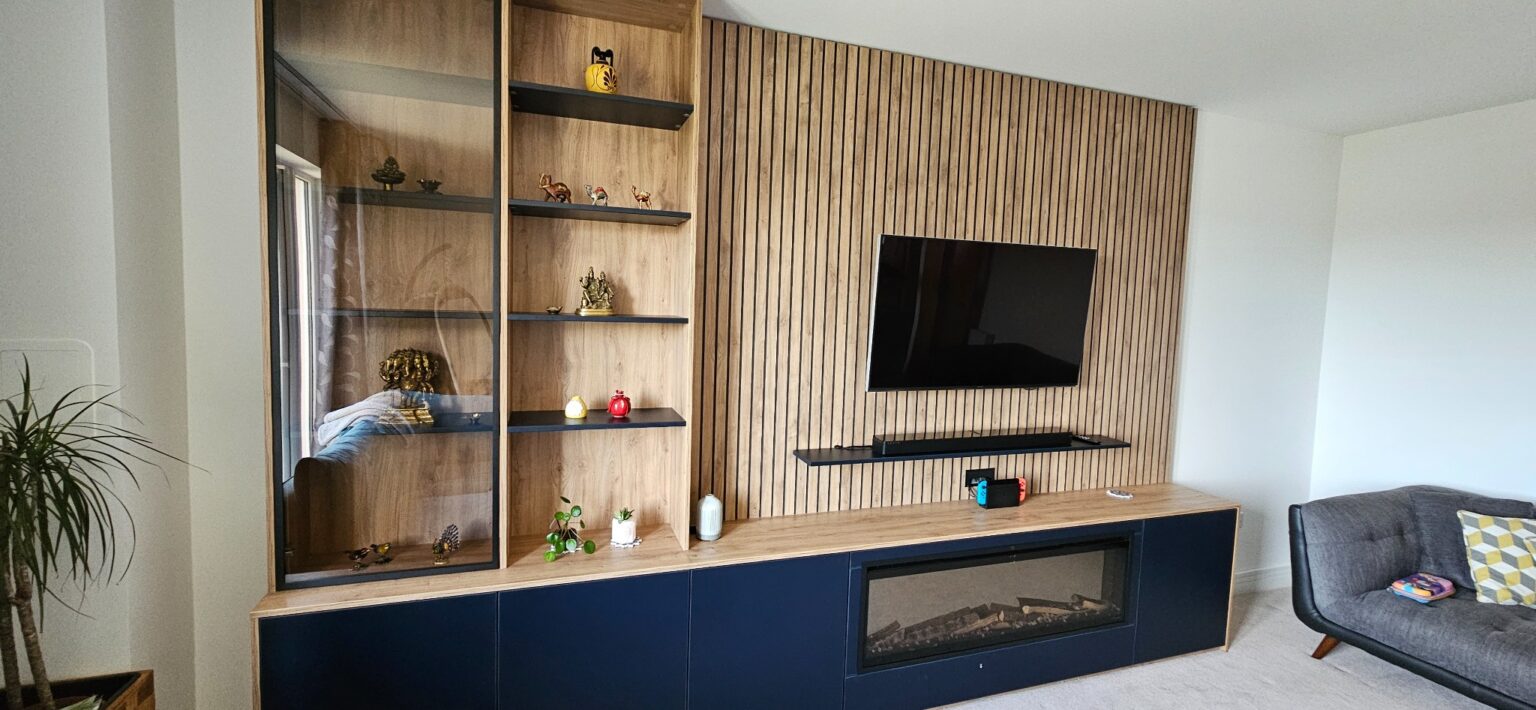 Bespoke Media Unit in Grandhome, Aberdeen 11 Glass fronted display cabinet and open shelving with black shelf details