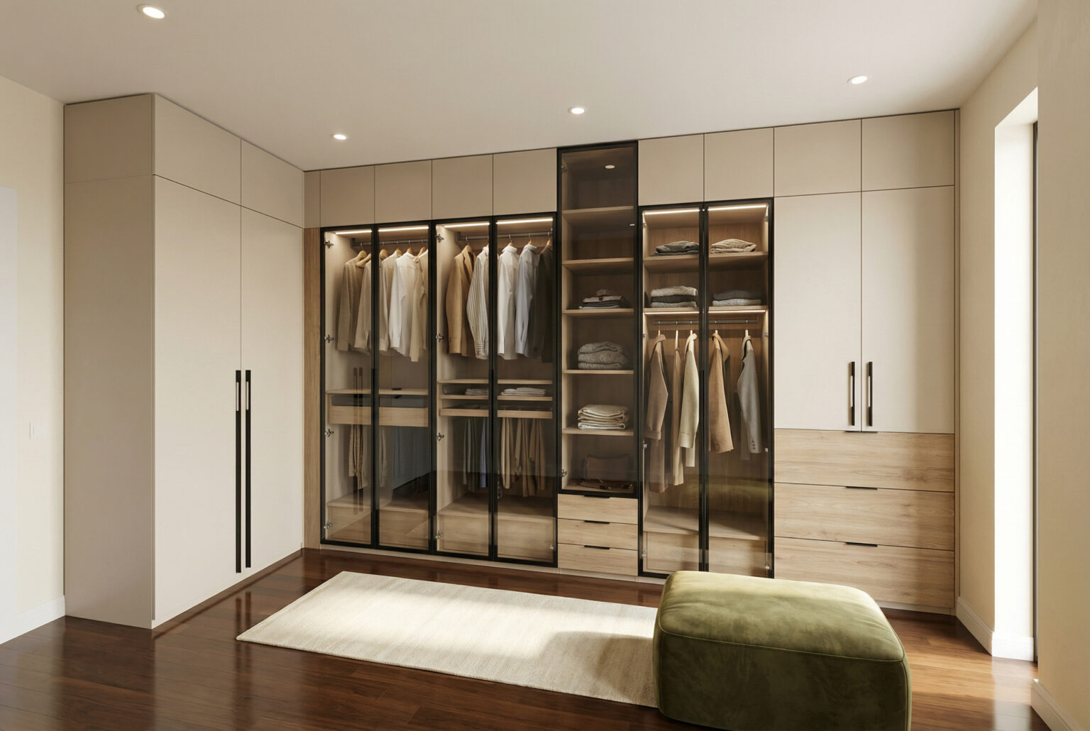 Bespoke walk in wardrobe with glass doors by Komandor Scotland.