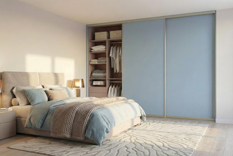 Blue sliding wardrobe fitted in a small bedroom by Komandor Scotland