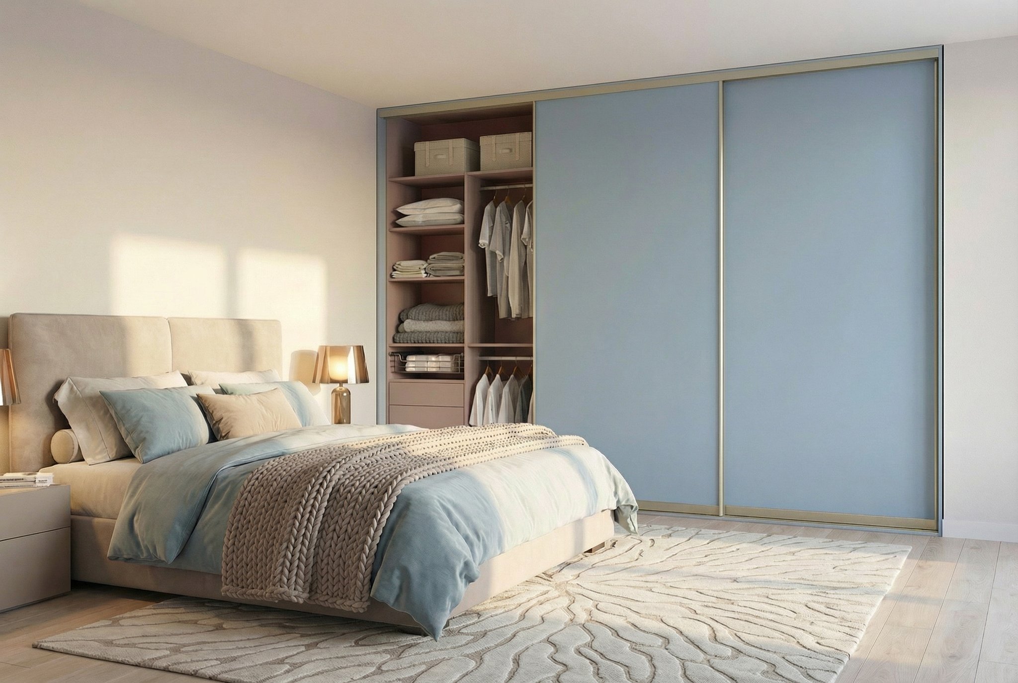 Blue sliding wardrobe fitted in a small bedroom by Komandor Scotland
