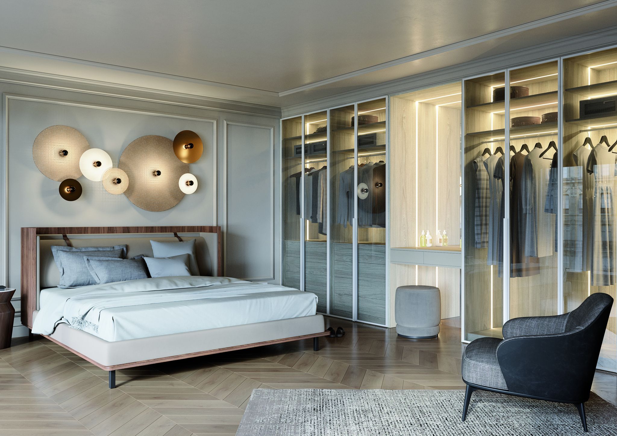 Glass-fronted wardrobe in a dressing room by Komandor Scotland