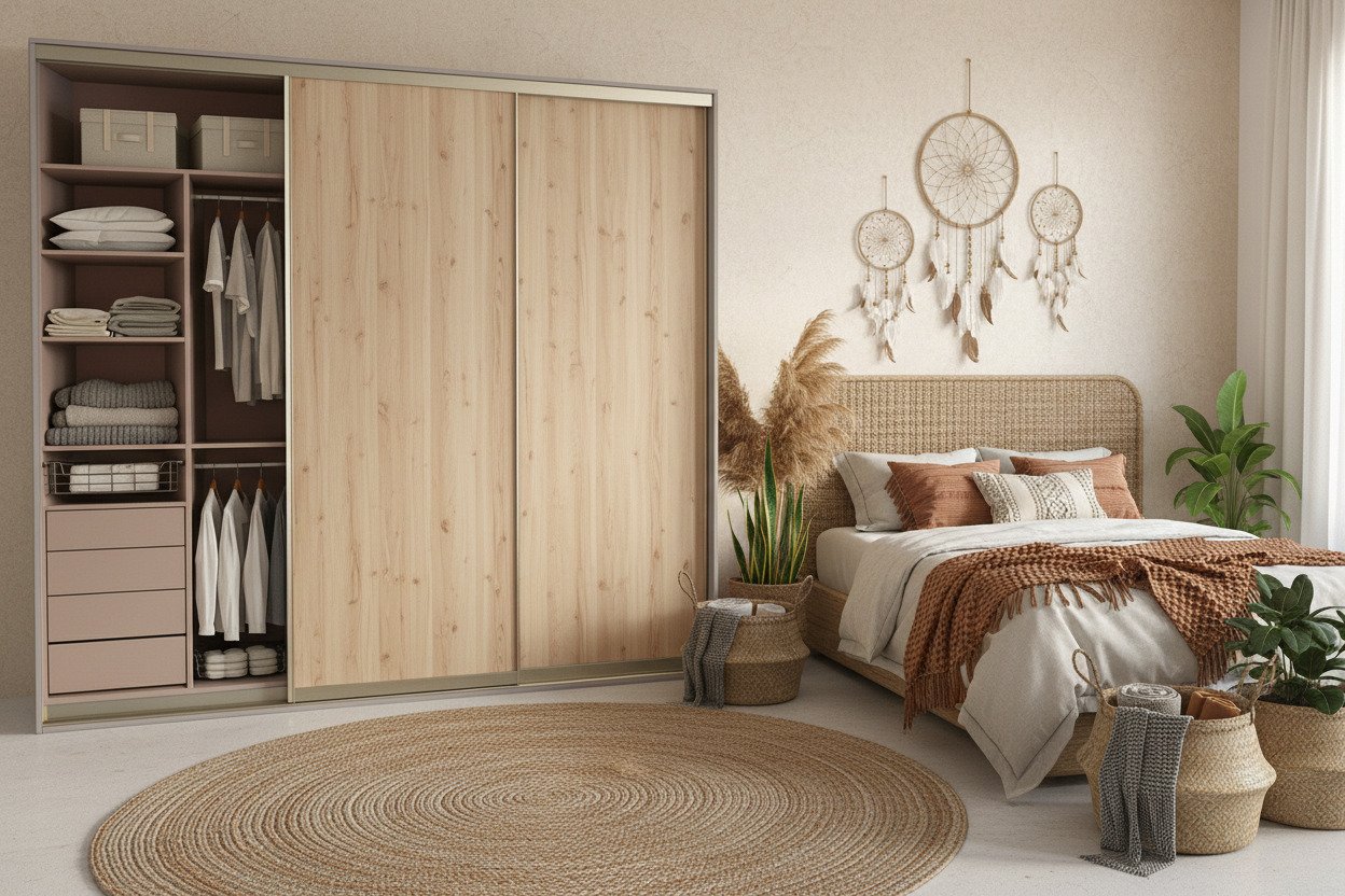 Light wood sliding wardrobe in a small bedroom by Komandor Scotland