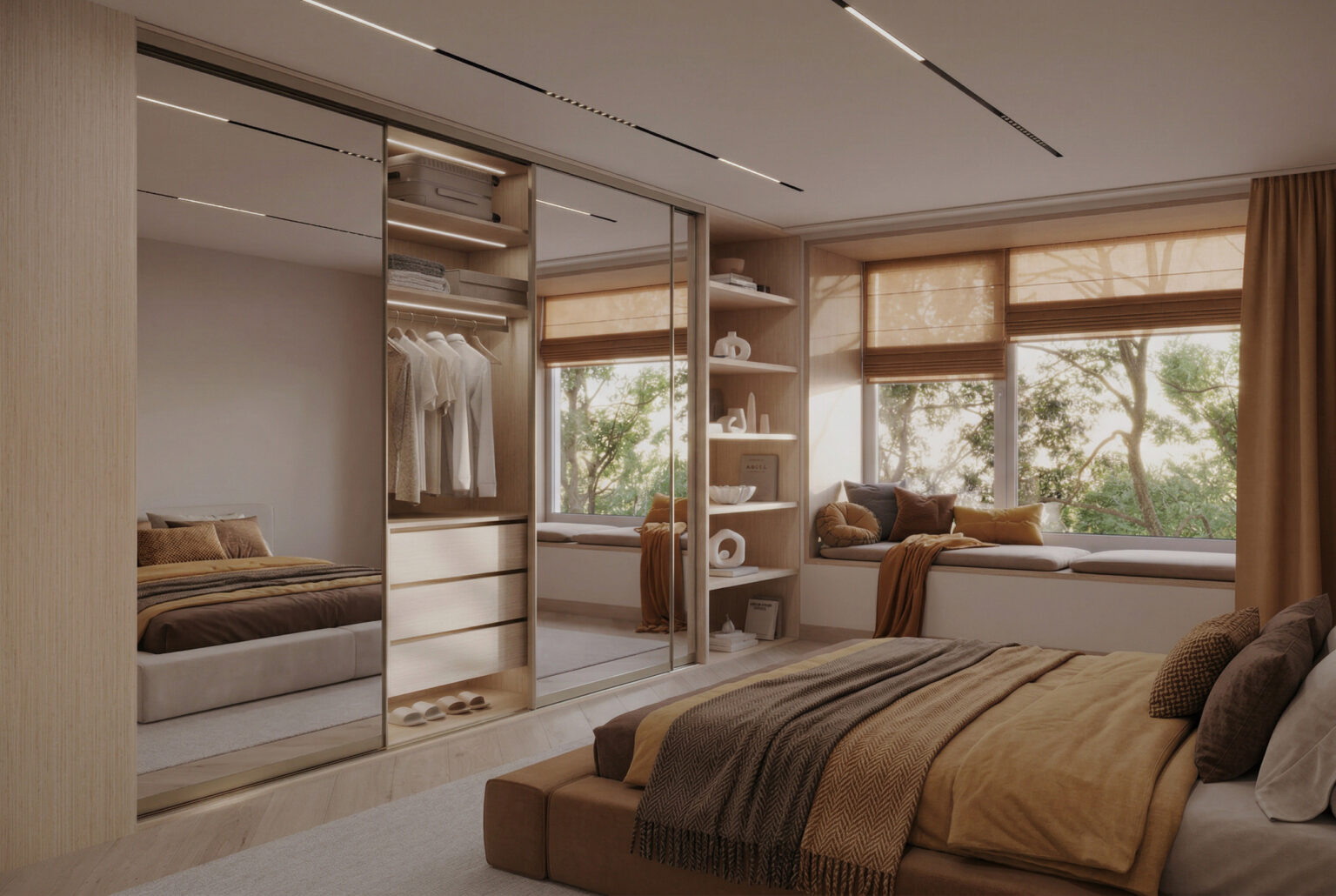 Mirrored sliding-door wardrobe for a shared bedroom by Komandor Scotland, balancing storage for two people.