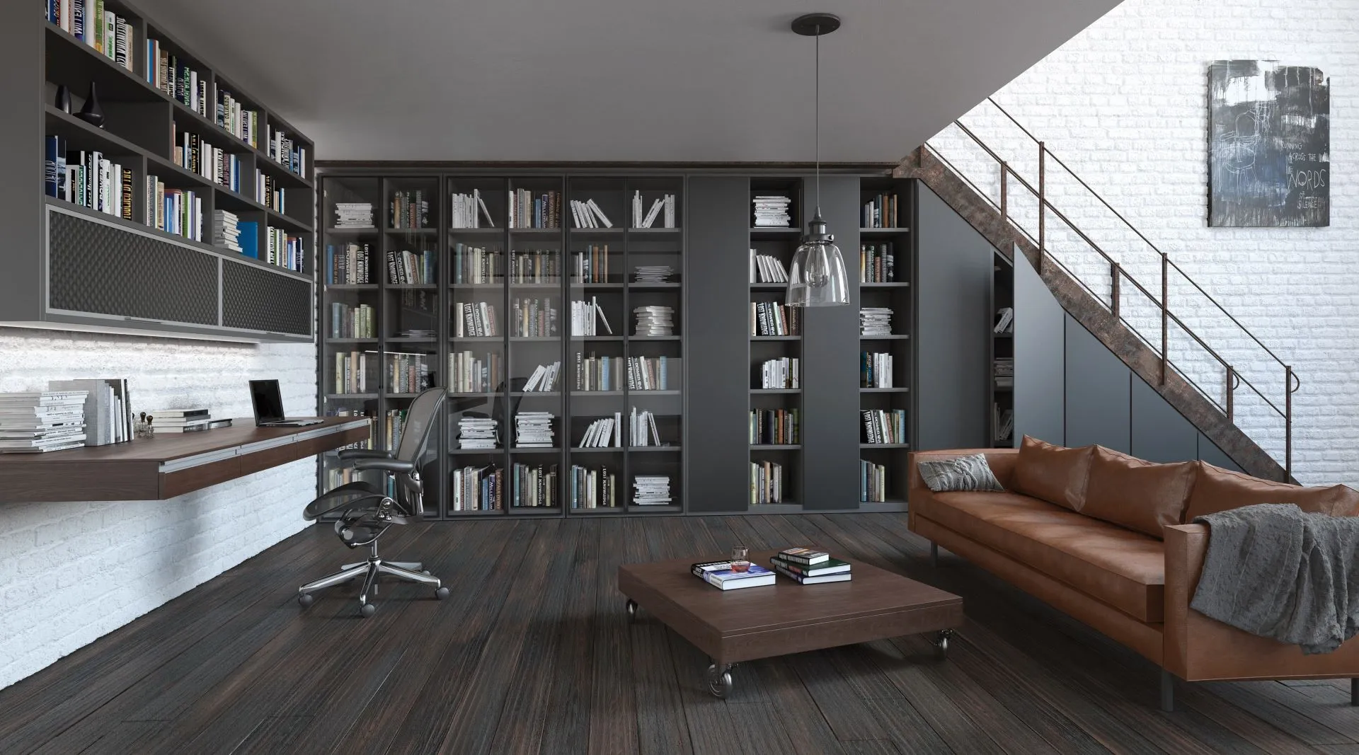 Modern living space with leather sofa, wood table, desk, bookshelves, and stairway.