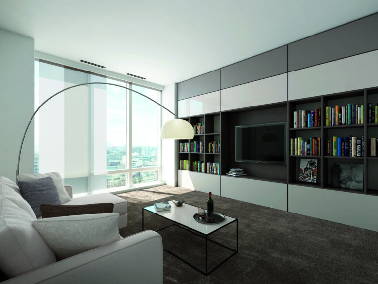Bespoke living room with custom media wall and integrated Wall storage by Komandor Scotland