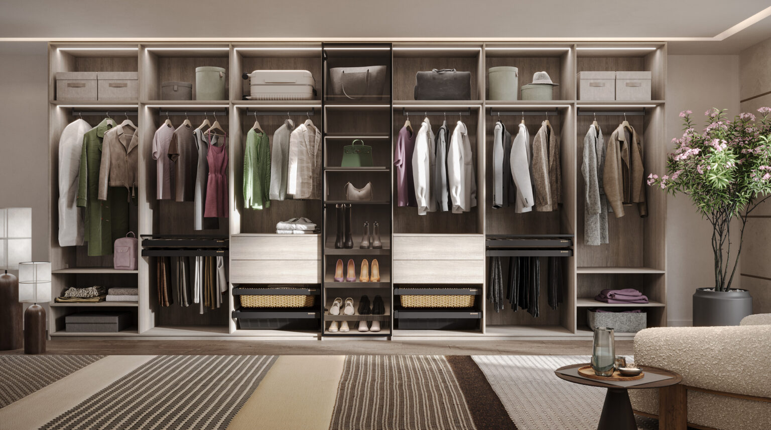 Shared walk in wardrobe designed for two people by Komandor Scotland.