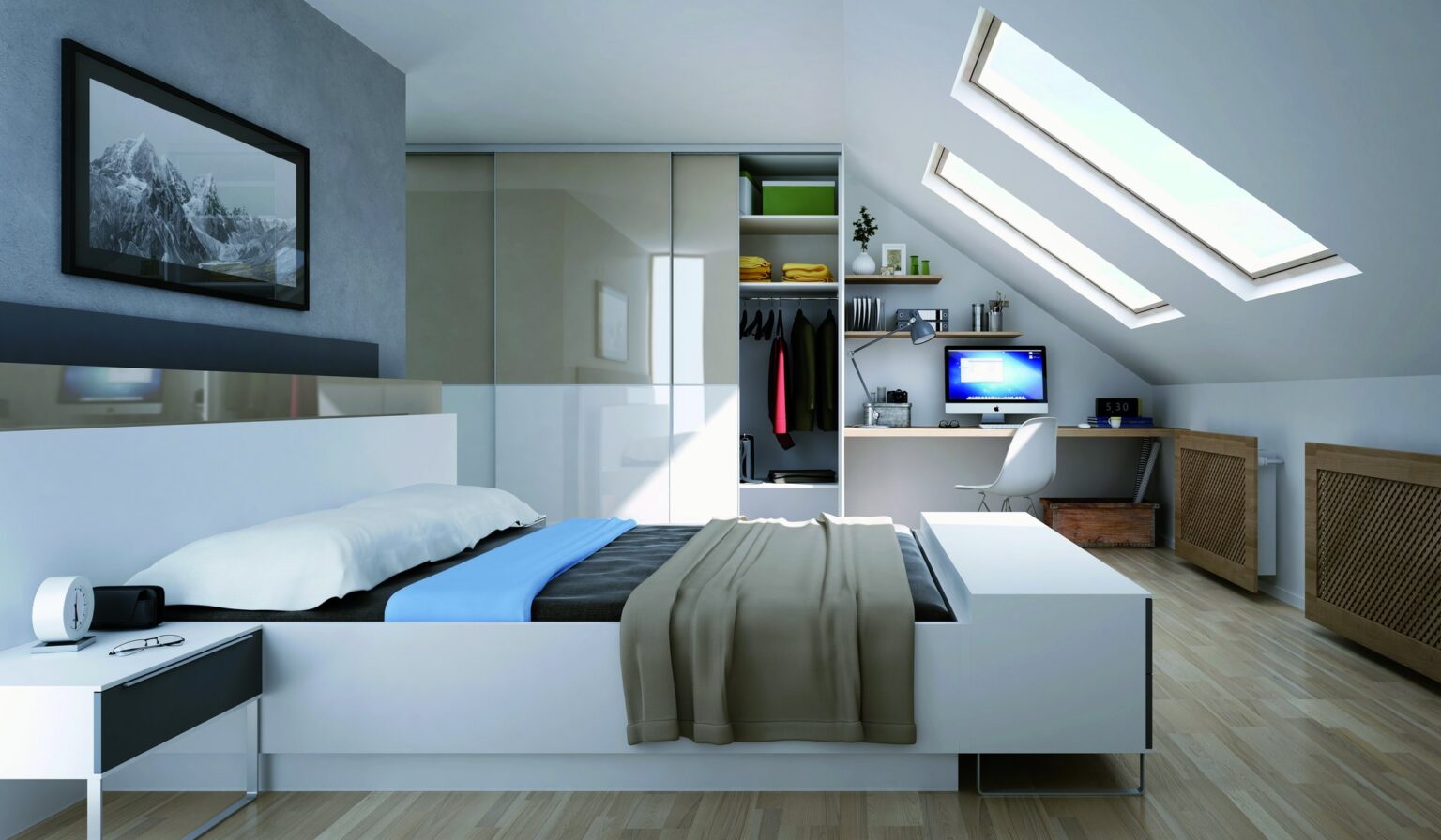 Two-tone fitted wardrobe under a sloped ceiling by Komandor Scotland