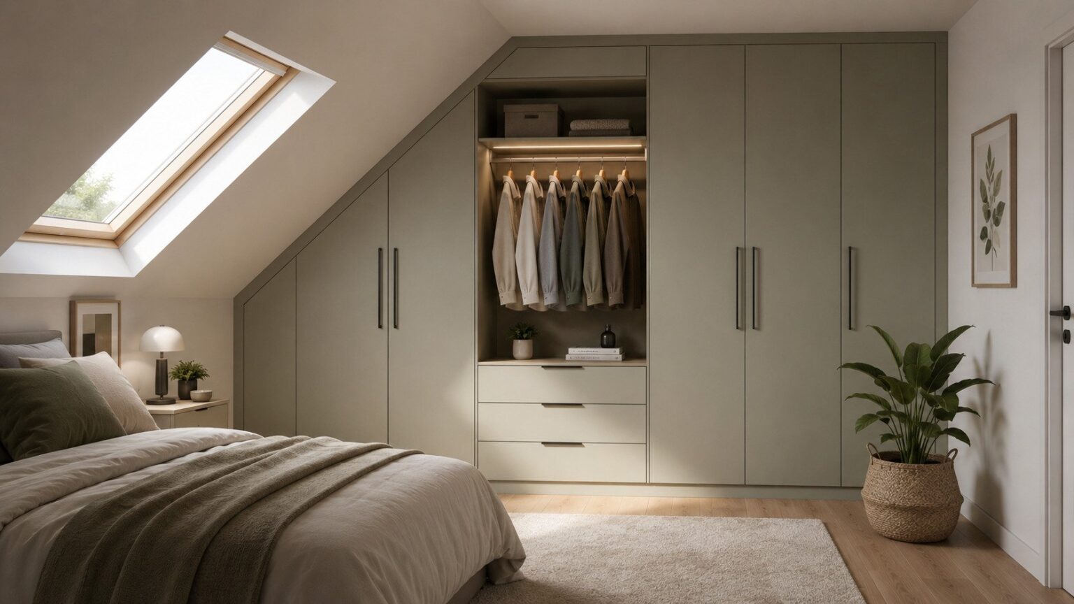 Sloped ceiling fitted storage in a small bedroom by Komandor Scotland