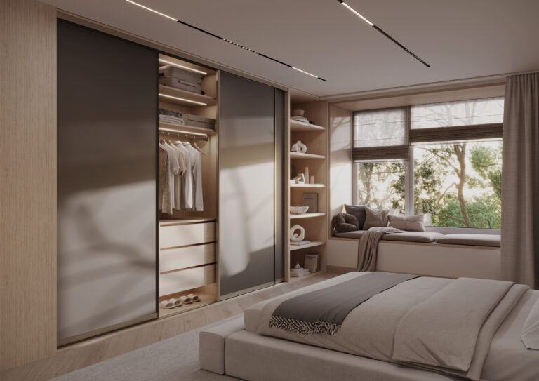 Bespoke bedroom featuring custom sliding and hinged wardrobes by Komandor Scotland