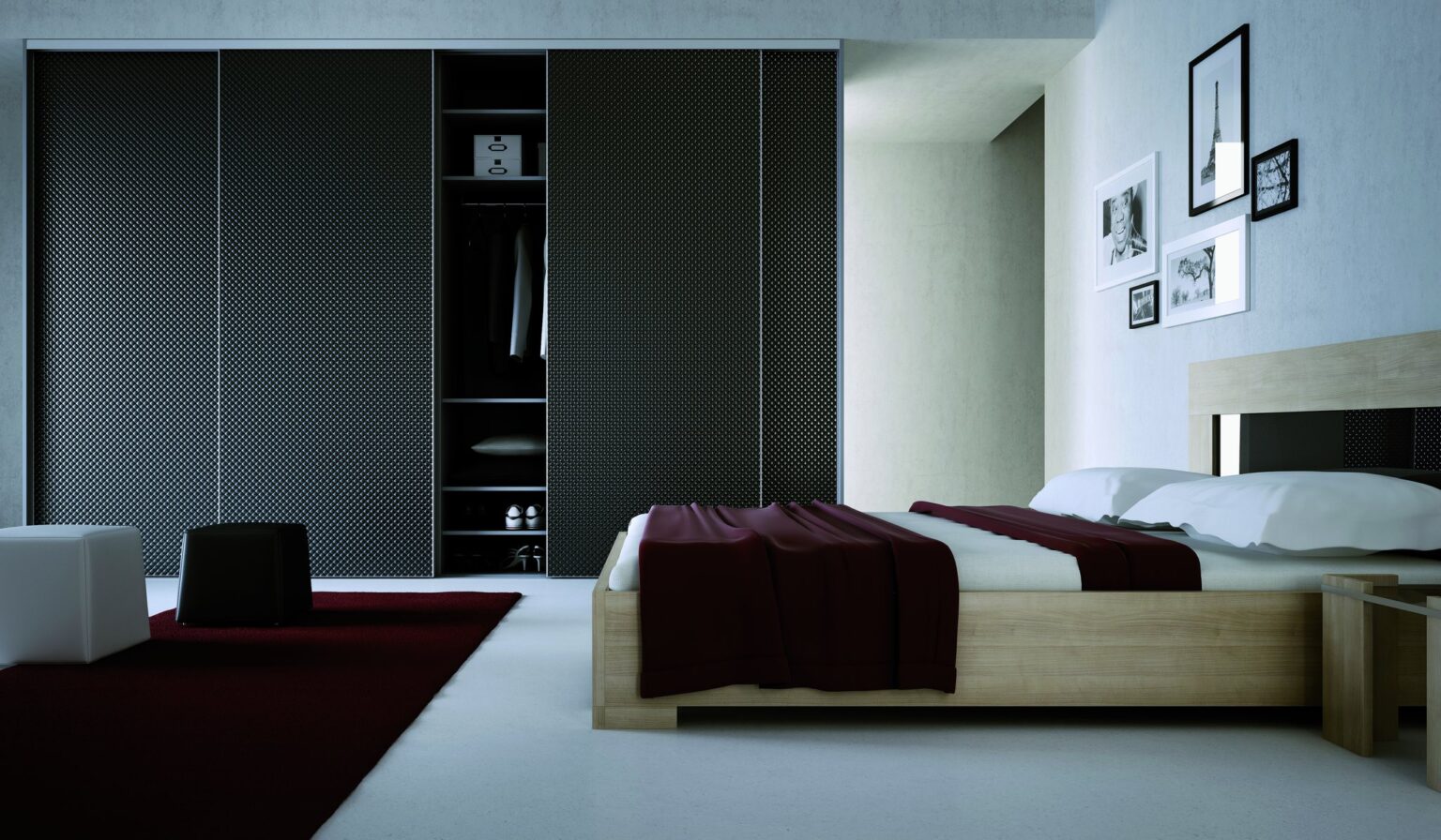 Textured dark sliding wardrobe doors in a bedroom by Komandor Scotland
